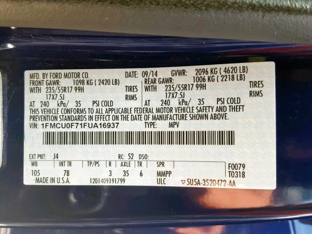 1FMCU0F71FUA16937 - 2015 FORD ESCAPE S BLUE photo 10