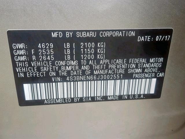 4S3BNEN66J3002551 - 2018 SUBARU LEGACY 3.6 SILVER photo 10