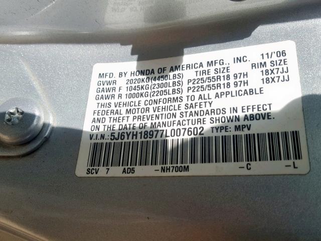 5J6YH18977L007602 - 2007 HONDA ELEMENT SC GRAY photo 10