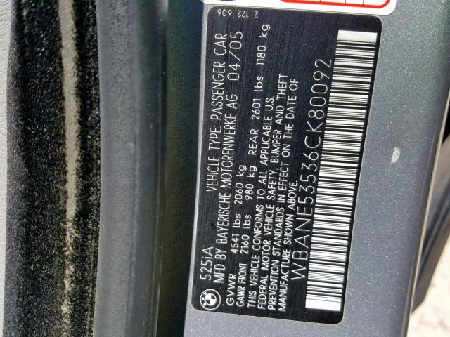 WBANE53536CK80092 - 2006 BMW 525 I SILVER photo 10