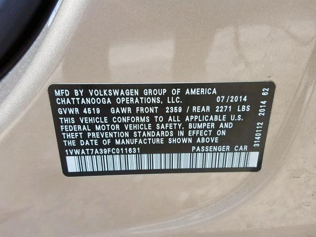 1VWAT7A39FC011631 - 2015 VOLKSWAGEN PASSAT S BEIGE photo 10