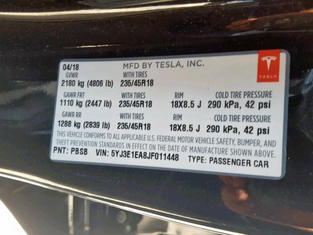 5YJ3E1EA8JF011448 - 2018 TESLA MODEL 3 BLACK photo 10