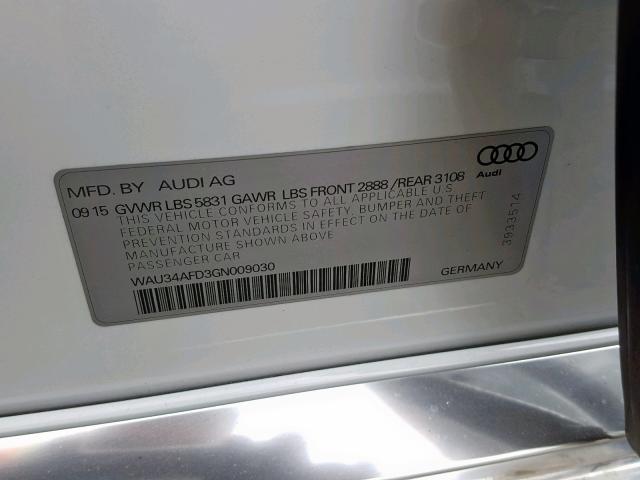 WAU34AFD3GN009030 - 2016 AUDI A8 L QUATT WHITE photo 10