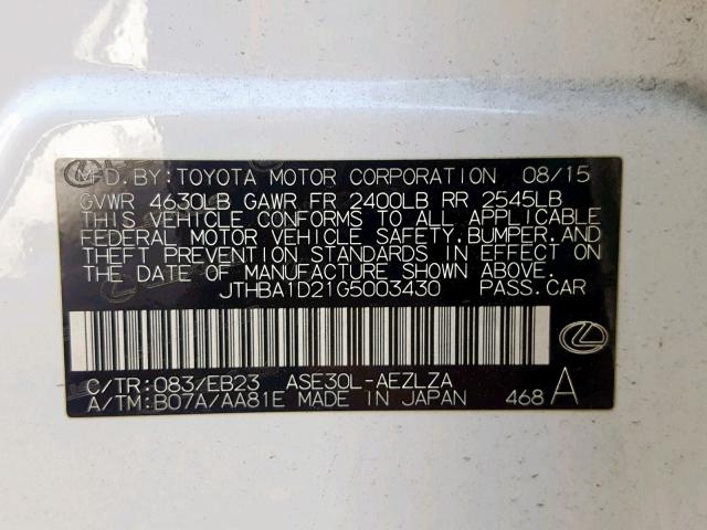 JTHBA1D21G5003430 - 2016 LEXUS IS 200T WHITE photo 10