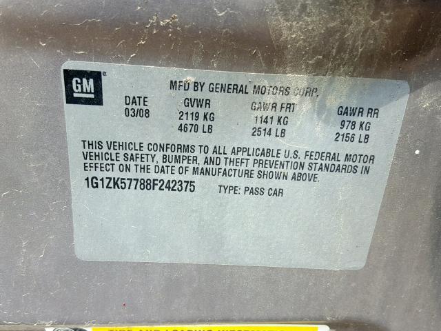 1G1ZK57788F242375 - 2008 CHEVROLET MALIBU LTZ ოქროსფერი ფოტო 10