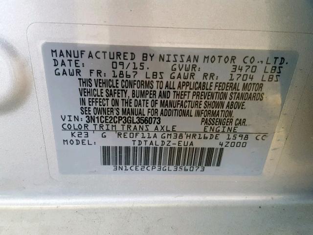 3N1CE2CP3GL356073 - 2016 NISSAN VERSA NOTE SILVER photo 10