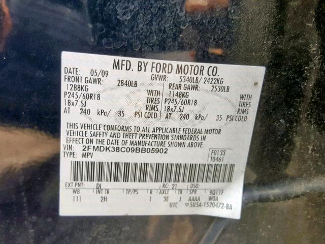 2FMDK38C09BB05902 - 2009 FORD EDGE SEL BLACK photo 10