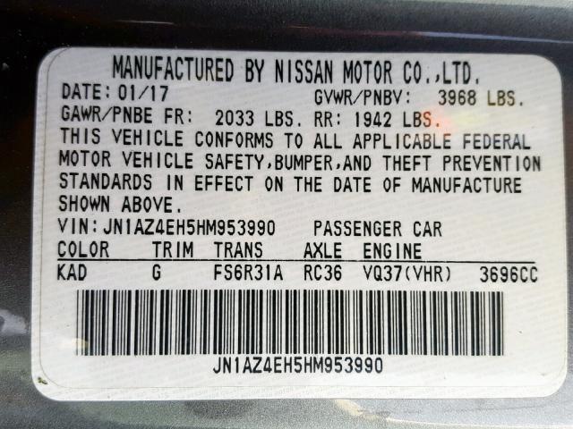 JN1AZ4EH5HM953990 - 2017 NISSAN 370Z BASE GRAY photo 10