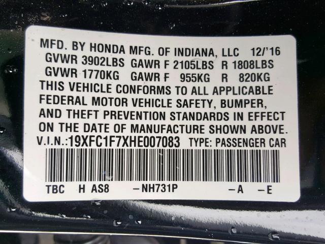 19XFC1F7XHE007083 - 2017 HONDA CIVIC EXL BLACK photo 10