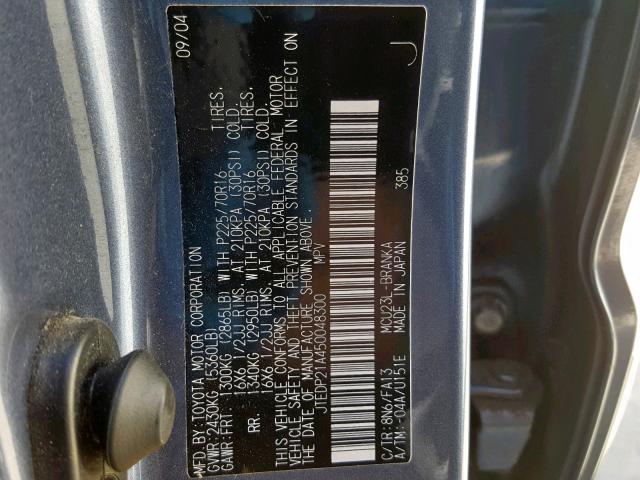 JTEDP21A450048300 - 2005 TOYOTA HIGHLANDER BLUE photo 10