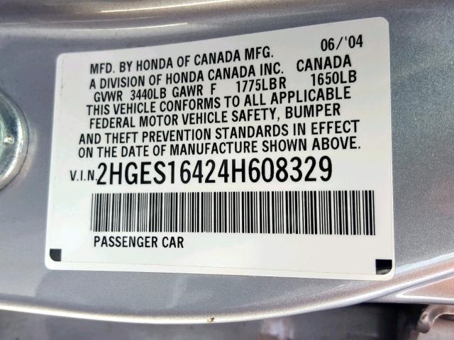 2HGES16424H608329 - 2004 HONDA CIVIC DX SILVER photo 10