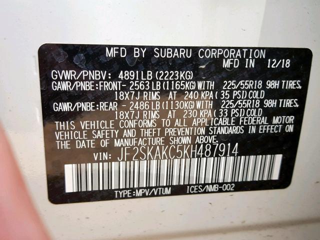 JF2SKAKC5KH487914 - 2019 SUBARU FORESTER S WHITE photo 10