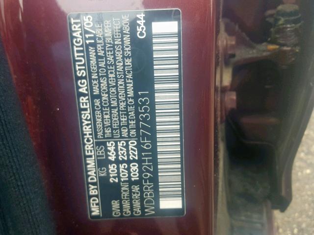 WDBRF92H16F773531 - 2006 MERCEDES-BENZ C 280 4MAT BURGUNDY photo 10