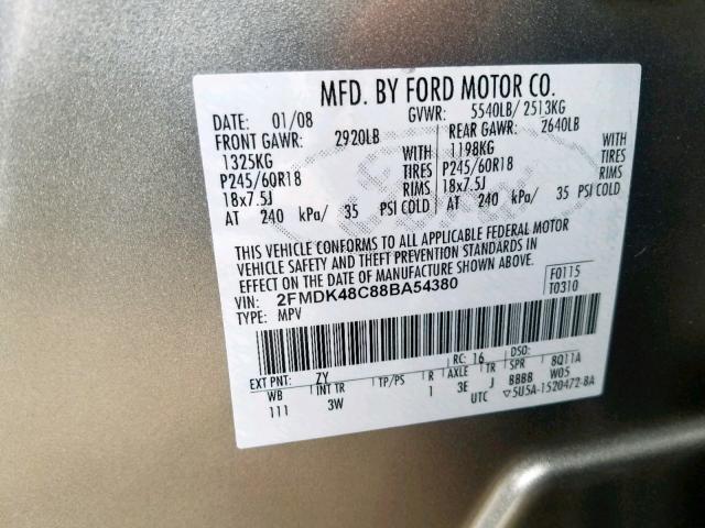 2FMDK48C88BA54380 - 2008 FORD EDGE SEL GRAY photo 10