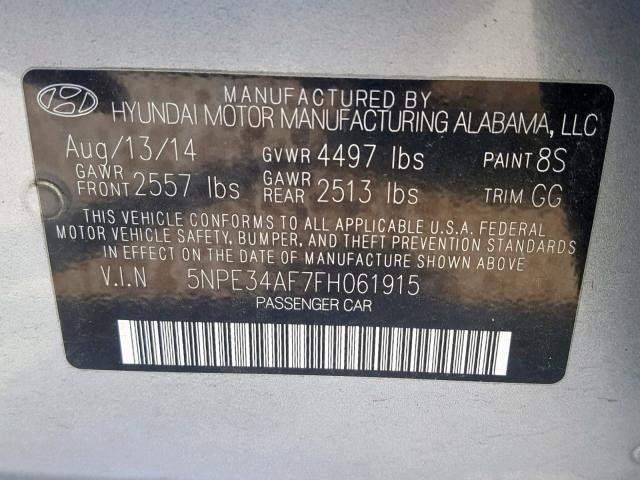 5NPE34AF7FH061915 - 2015 HYUNDAI SONATA SPO GRAY photo 10