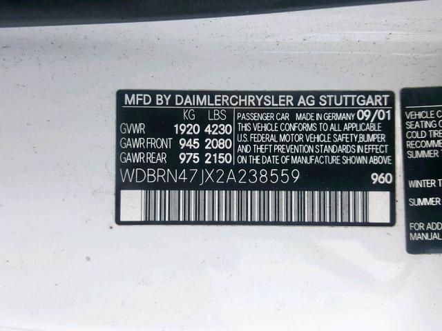 WDBRN47JX2A238559 - 2002 MERCEDES-BENZ C 230K SPO WHITE photo 10