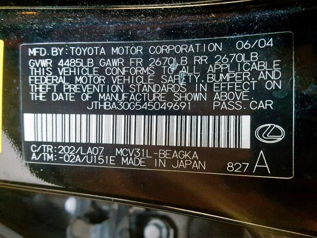 JTHBA30G545049691 - 2004 LEXUS ES 330 BLACK photo 10