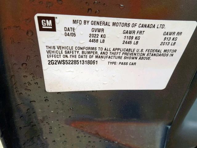 2G2WS522851318061 - 2005 PONTIAC GRAND PRIX GRAY photo 10