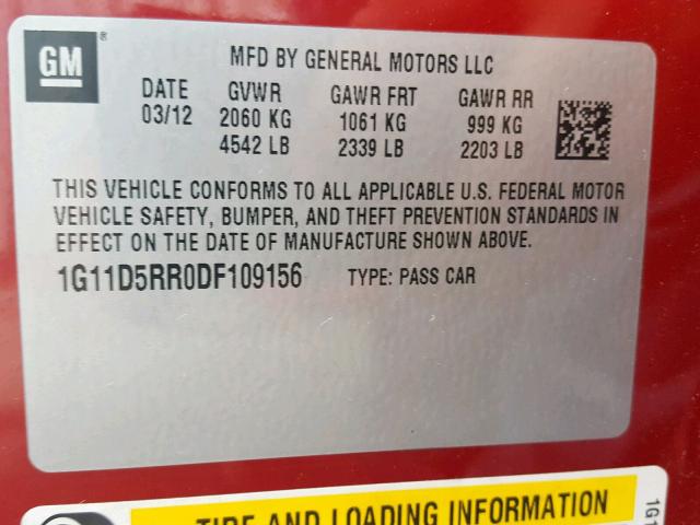 1G11D5RR0DF109156 - 2013 CHEVROLET MALIBU 1LT 红色 照片 10