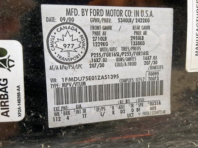 1FMDU75E01ZA51395 - 2001 FORD EXPLORER L BLACK photo 10