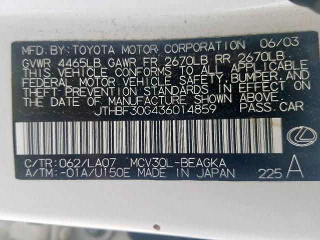 JTHBF30G436014859 - 2003 LEXUS ES 300 WHITE photo 10