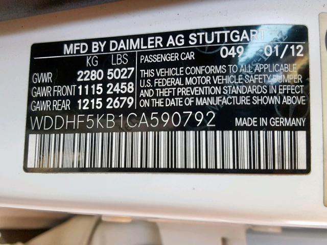 WDDHF5KB1CA590792 - 2012 MERCEDES-BENZ E 350 WHITE photo 10