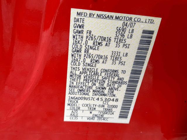 1N6AD09U57C453048 - 2007 NISSAN FRONTIER C RED photo 10