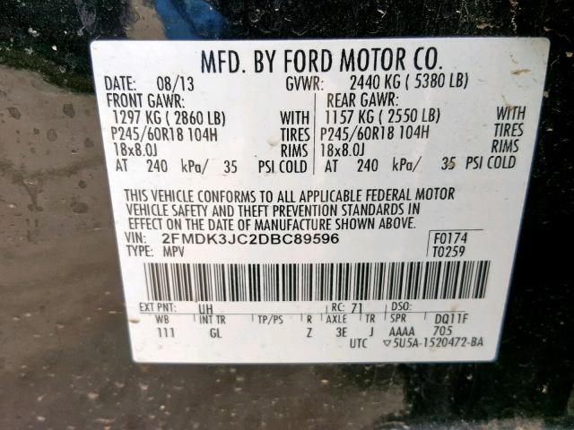 2FMDK3JC2DBC89596 - 2013 FORD EDGE SEL BLACK photo 10