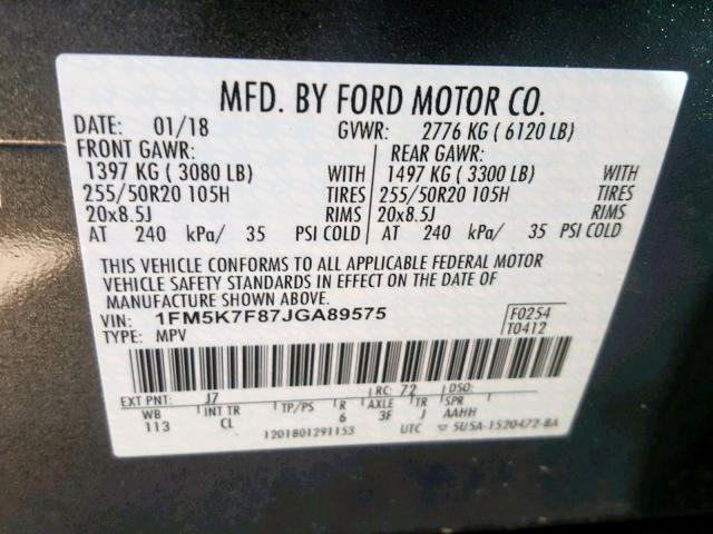 1FM5K7F87JGA89575 - 2018 FORD EXPLORER L GRAY photo 10