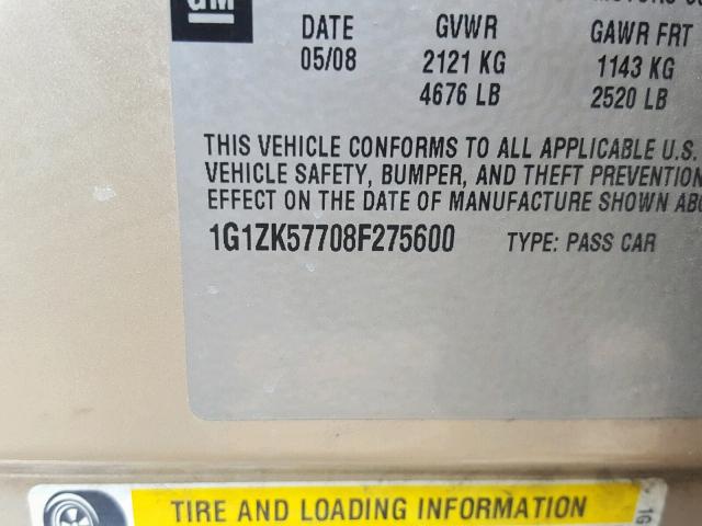 1G1ZK57708F275600 - 2008 CHEVROLET MALIBU LTZ ოქროსფერი ფოტო 10