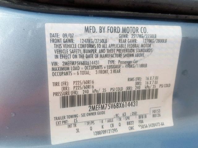 2MEFM75V68X614431 - 2008 MERCURY GRAND MARQ BLUE photo 10