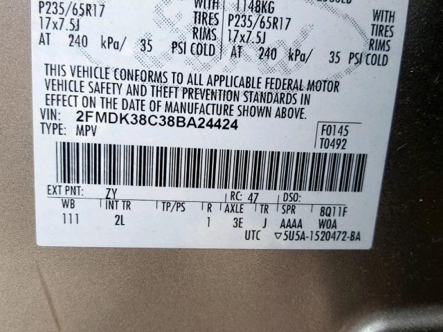 2FMDK38C38BA24424 - 2008 FORD EDGE SEL GRAY photo 10