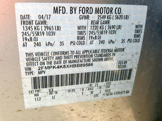 2FMPK4K8XHBB89586 - 2017 FORD EDGE TITAN SILVER photo 10