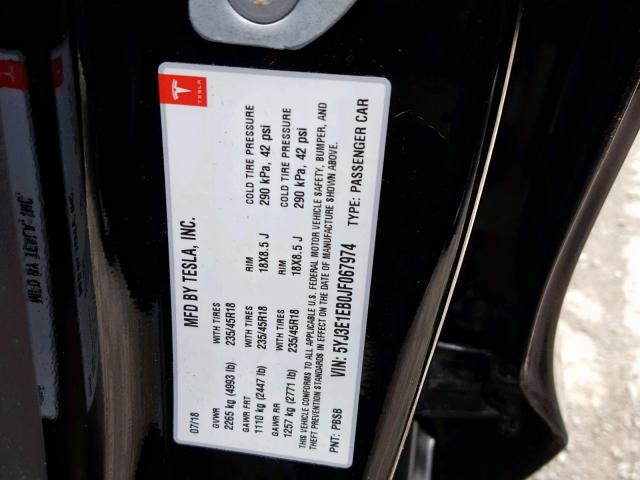 5YJ3E1EB0JF067974 - 2018 TESLA MODEL 3 BLACK photo 10