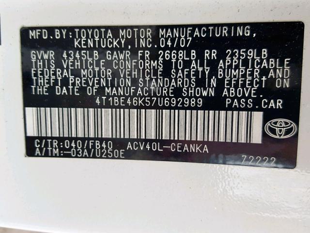 4T1BE46K57U692989 - 2007 TOYOTA CAMRY NEW WHITE photo 10