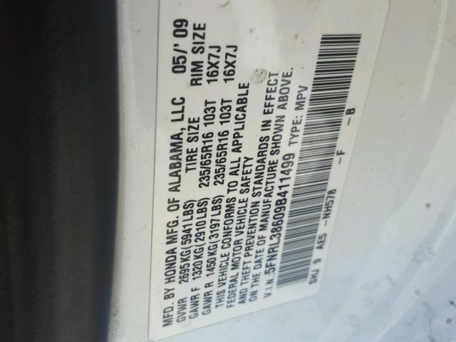 5FNRL38609B411499 - 2009 HONDA ODYSSEY EX WHITE photo 10