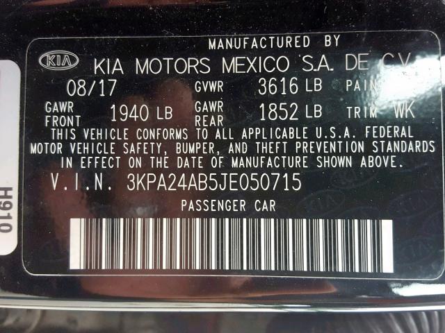 3KPA24AB5JE050715 - 2018 KIA RIO LX BLACK photo 10