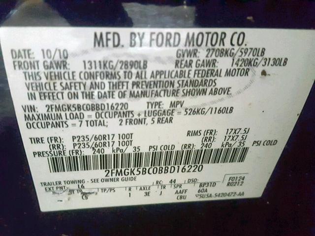 2FMGK5BC0BBD16220 - 2011 FORD FLEX SE BLUE photo 10