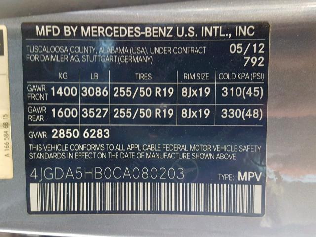 4JGDA5HB0CA080203 - 2012 MERCEDES-BENZ ML 350 4MA GRAY photo 10