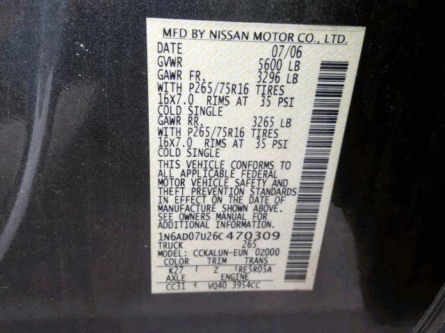 1N6AD07U26C470309 - 2006 NISSAN FRONTIER C GRAY photo 10