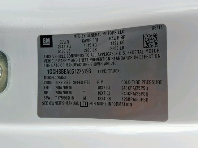 1GCHSBEA0G1225193 - 2016 CHEVROLET COLORADO WHITE photo 10