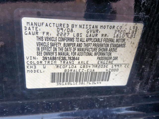 3N1AB61E38L763644 - 2008 NISSAN SENTRA 2.0 BLACK photo 10