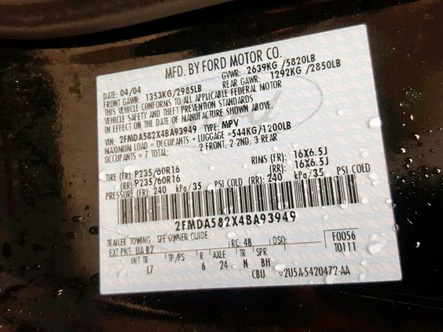 2FMDA582X4BA93949 - 2004 FORD FREESTAR L BLACK photo 10