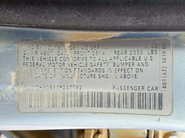 WVWTH63B93P247762 - 2003 VOLKSWAGEN PASSAT GLX BLUE photo 10