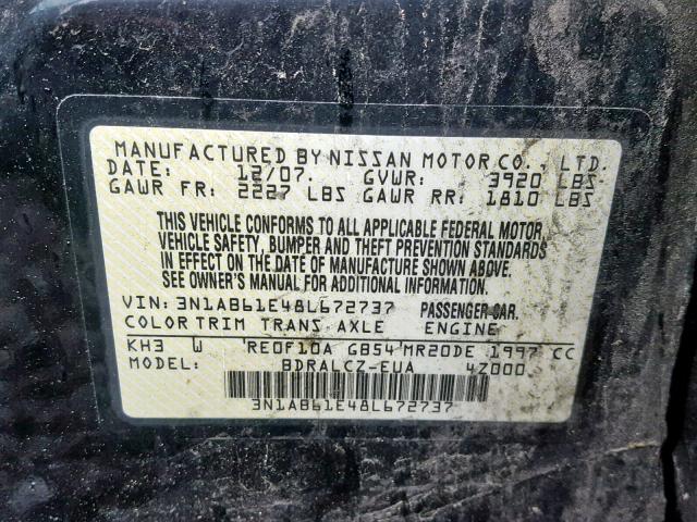 3N1AB61E48L672737 - 2008 NISSAN SENTRA 2.0 BLACK photo 10