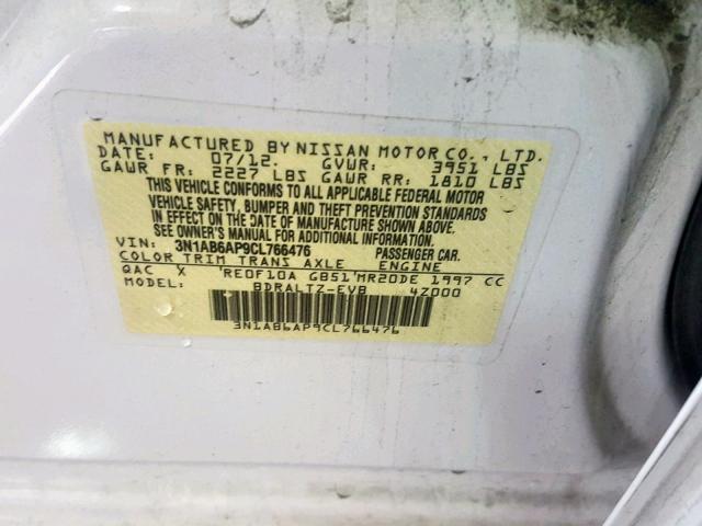 3N1AB6AP9CL766476 - 2012 NISSAN SENTRA 2.0 WHITE photo 10