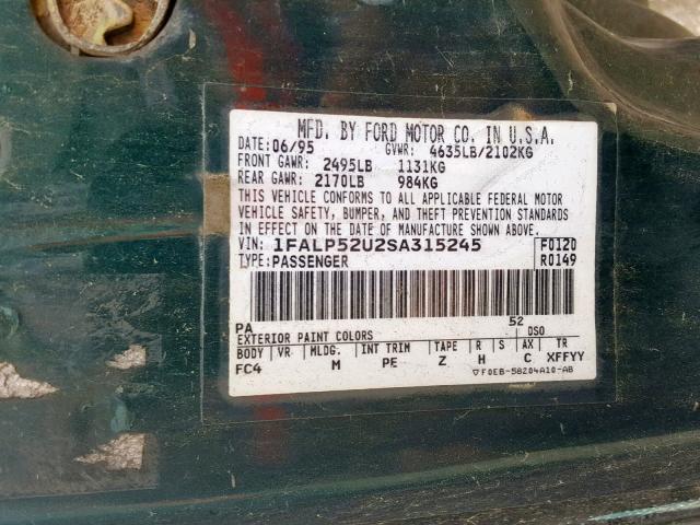 1FALP52U2SA315245 - 1995 FORD TAURUS GL GREEN photo 10