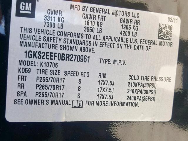 1GKS2EEF0BR270961 - 2011 GMC YUKON DENA BLACK photo 10