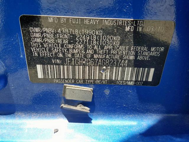 JF1GH7G67AG823744 - 2010 SUBARU IMPREZA WR BLUE photo 10