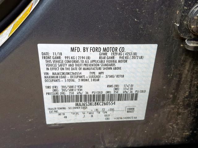 MAJ6S3KL8KC260554 - 2019 FORD ECOSPORT T GRAY photo 10